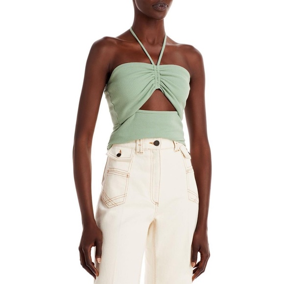 Aqua Tops - Aqua Womens Green Knit Ribbed Cut-Out Halter Top Shirt